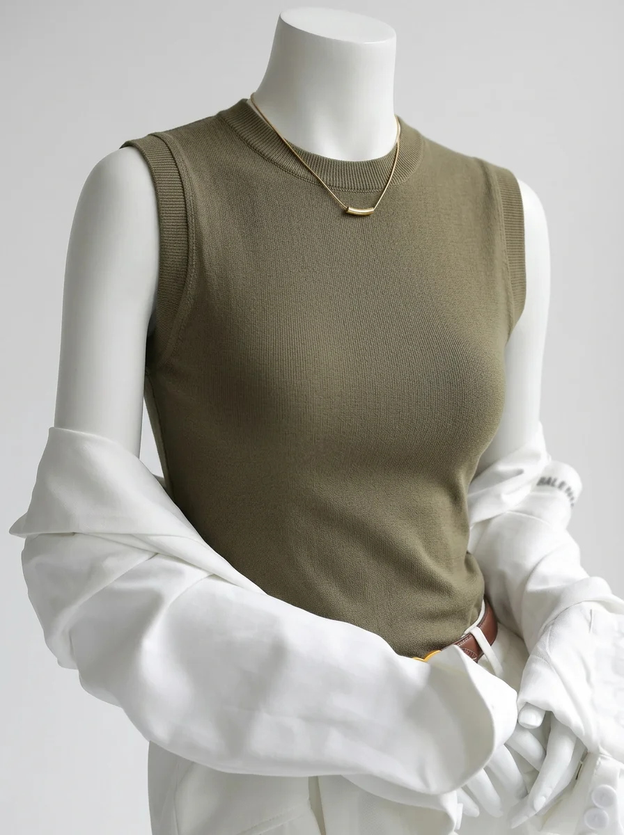 T shirt sans manche coton col rond basique maille - Vue 4 - T shirt sans manche