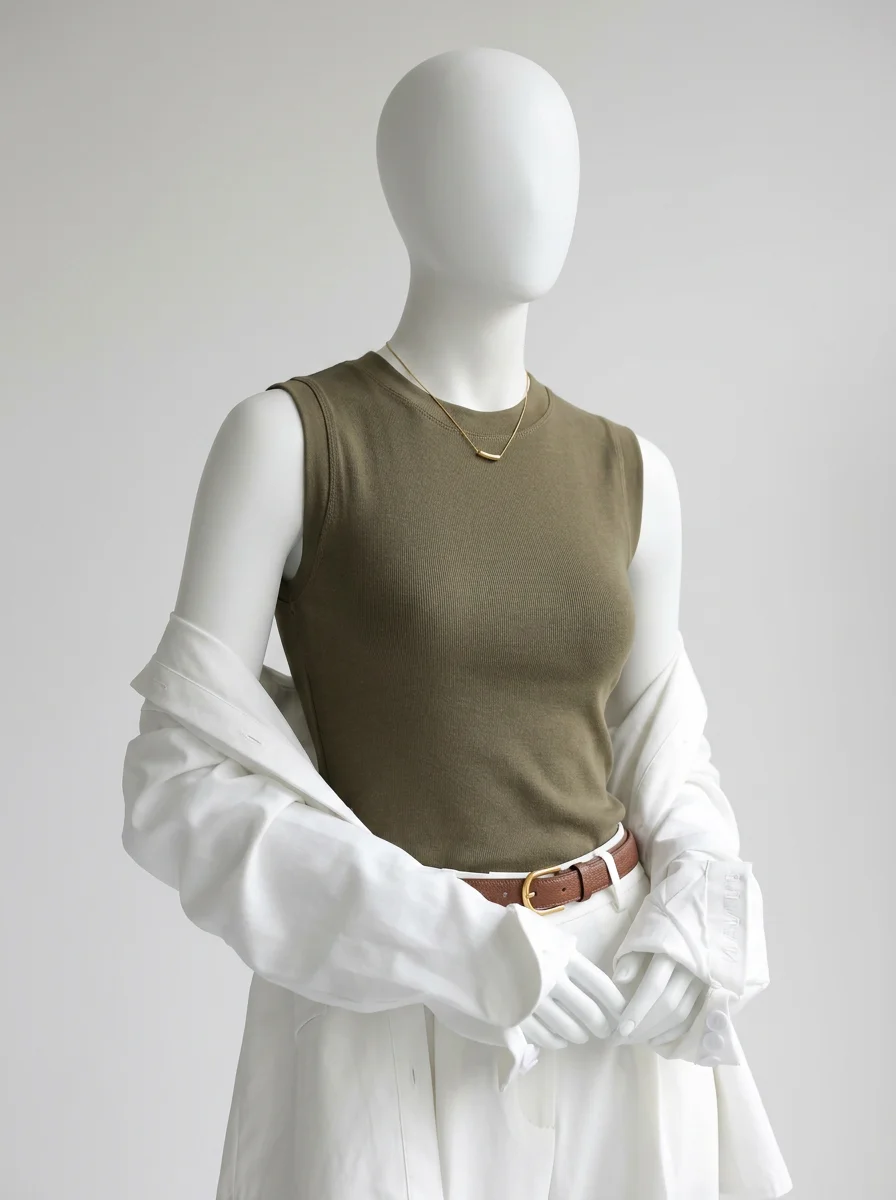 T shirt sans manche coton col rond basique maille - Vue 9 - T shirt sans manche