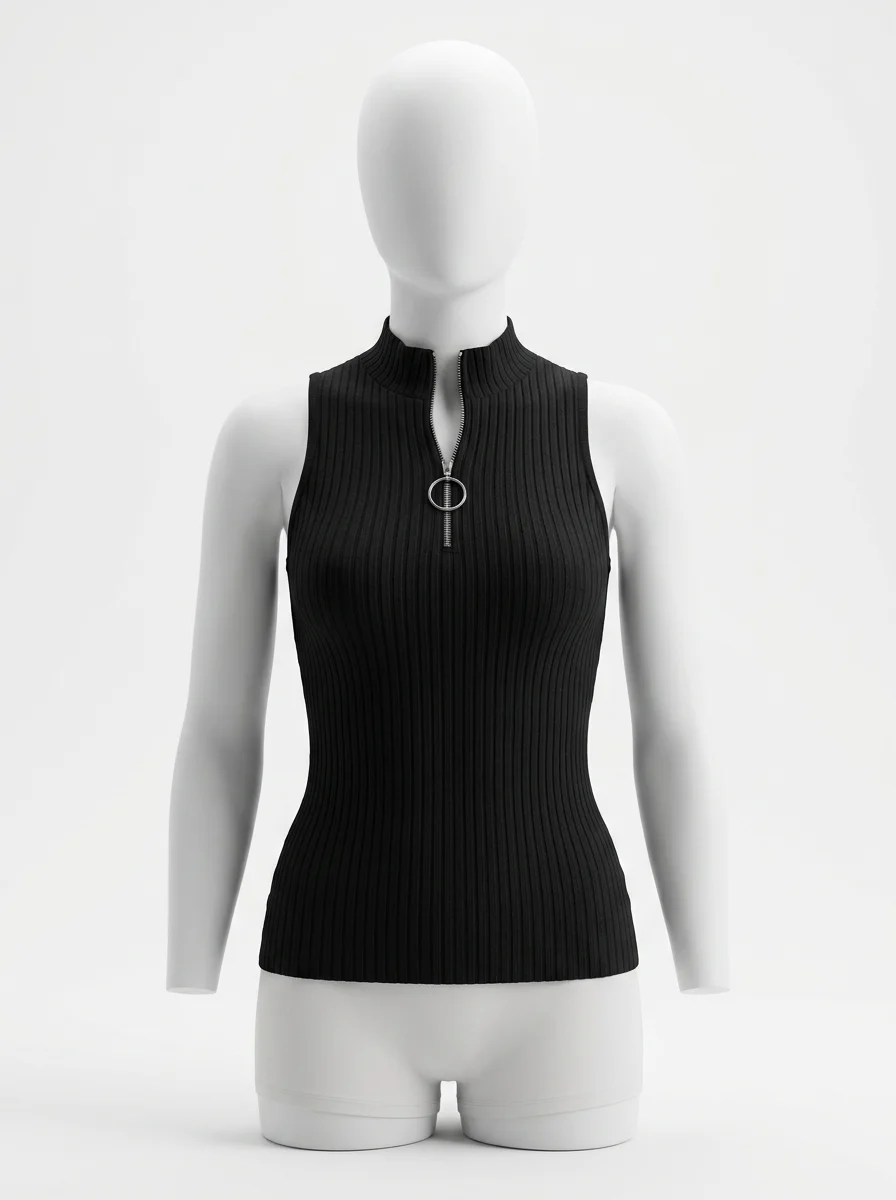 T shirt sans manche nervuré col montant moderne femme - Vue 1 - T shirt sans manche