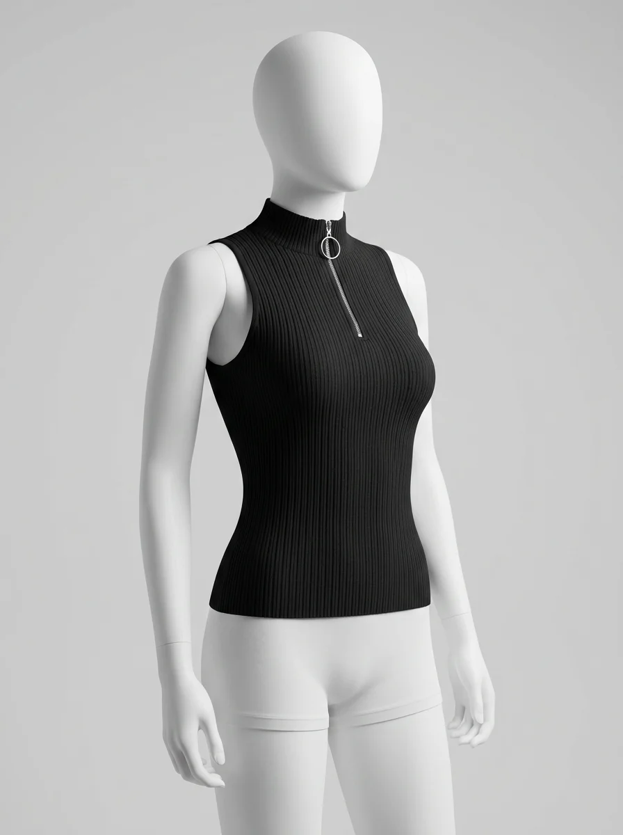 T shirt sans manche nervuré col montant moderne femme - Vue 2 - T shirt sans manche